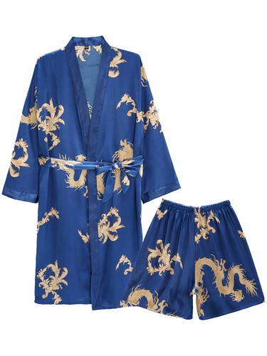 Men's Dragon Printed Satin Robe Set Silk Kimono Bathrobe with Shorts Nightgown - Picture 10 of 29