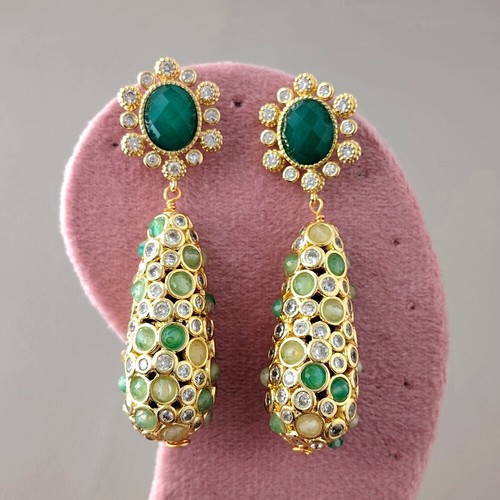 Real Fluorite Quartz Trimmed Teardrop Green Jade Stud Dangle Earrings Gift - Imagen 2 de 6