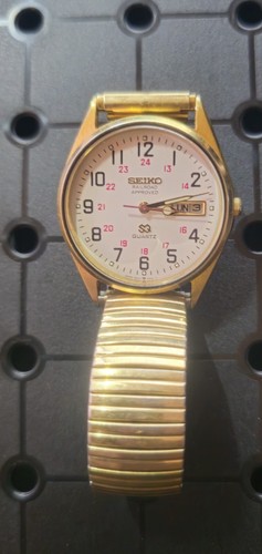 Vintage Seiko SQ Railroad Approved Watch White Dial Gold Tone Speidel Band New Bat - Bild 6 von 6