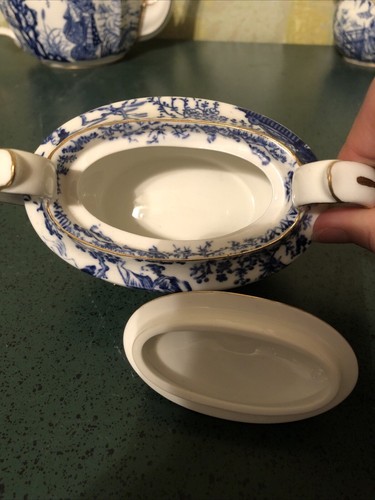 Vintage Royal Crown Derby Blue Mikado Tea Set W/ Teapot Creamer & Sugar Bowl - Picture 8 of 16