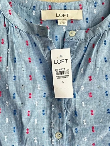 NWT Ann Taylor LOFT Light Blue Red White Silver Sleeveless Button Front Blouse S - Picture 3 of 7