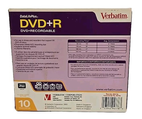 Verbatim DataLifePlus DVD+R 8x 4.7 GB 10 Pack Jewel Cases 120 min BRAND NEW! - Picture 3 of 6