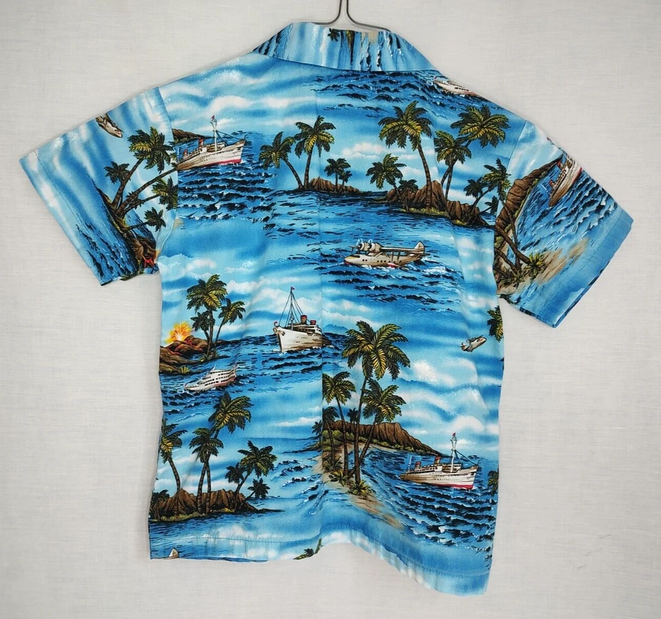 Aloha Republic Hawaiian Shirt Boys Kids Sz 5 Volcano Ships Planes Blue Button Up - Image 4 of 4