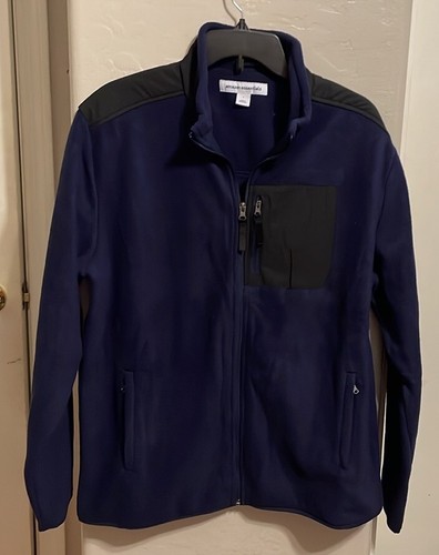 Men’s Navy Fleece Jacket Zip Pockets 22” P2P 28” Length Full Zip Large Orig $29 - Picture 1 of 4