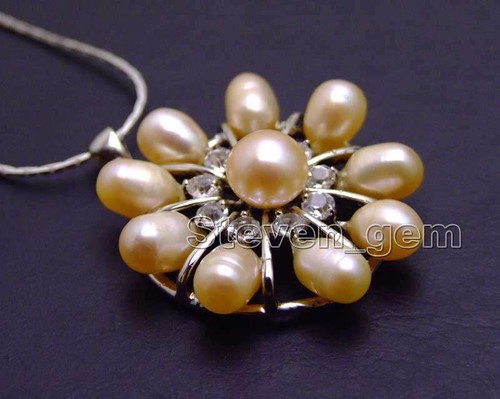 32mm Flower 6-7mm Pink Rice Pearl Pendant Necklace for Women Chokers Chain 17" - Picture 3 of 19