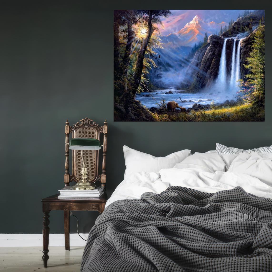 V0925 Amazing Painting Art Waterfall Forest Mountain Decor