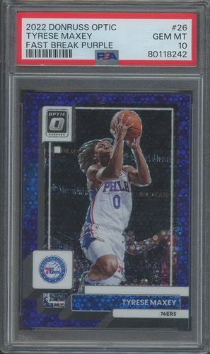 2022-23 Panini Donruss Optic Tyrese Maxey #26 Fast Break Purple /99 PSA 10