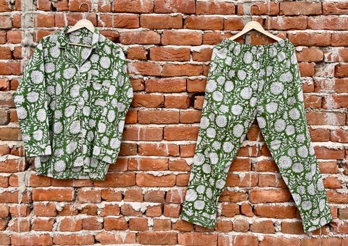 Green Cotton Floral Print PJ Set, Women Nightwear Top-Pj set Pyjamas Sleepwear - Bild 2 von 7