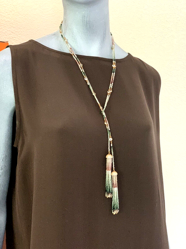 EAST INDIAN MOGHUL Variegated Emerald Amethyst & Clear CryTassel Lariat 18k Gold - Picture 9 of 16