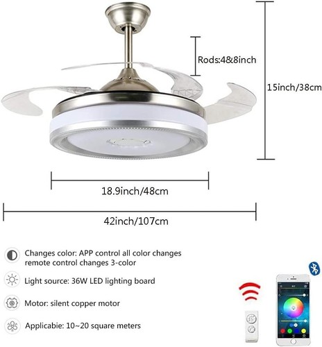 42" Bluetooth 7-Color Chandelier Smart LED Ceiling Fan w/Music Speaker+Remote - Picture 3 of 9