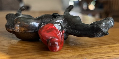 Vintage 3” Metal Horse Equestrian Copper Wash 1950’s Jockey Rider W Red Shirt - Picture 8 of 11