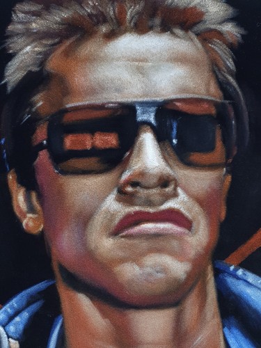 Arnold Schwarzenegger come Terminator, dimensioni 24"x18", olio su velluto. A608 - Foto 12 di 22