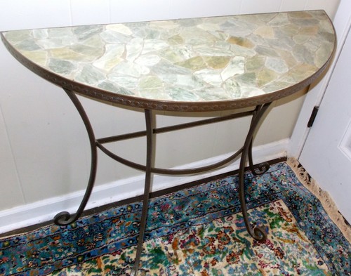 Vtg ROCK STONE MOSAIC CONSOLE Accent TABLE Demi Lune Wrought Iron Villa Garden - Picture 3 of 11