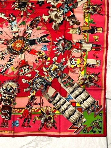 Hermes Kachinas by Kermit Oliver Carre 90 pink Silk 100% Scarf Vintage Rare - Picture 3 of 10
