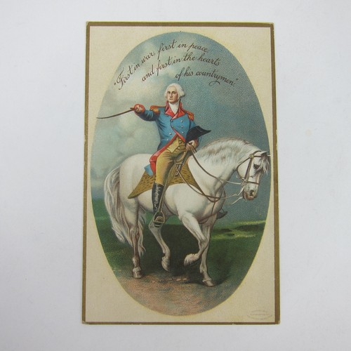 Cartolina George Washington cavallo bianco e spada patriottica antica in rilievo - Foto 1 di 12