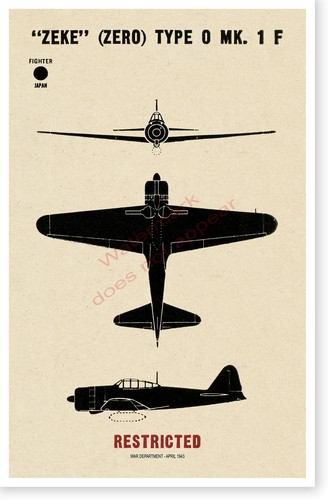 Poster riconoscimento aereo da combattimento zero giapponese Zeke tipo 0 A6M seconda guerra mondiale V-1 - Foto 5 di 7