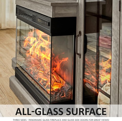 3-Sided Glass Fireplace TV Stand for TVs up to 85", Rustic Media Console table - Picture 32 of 44