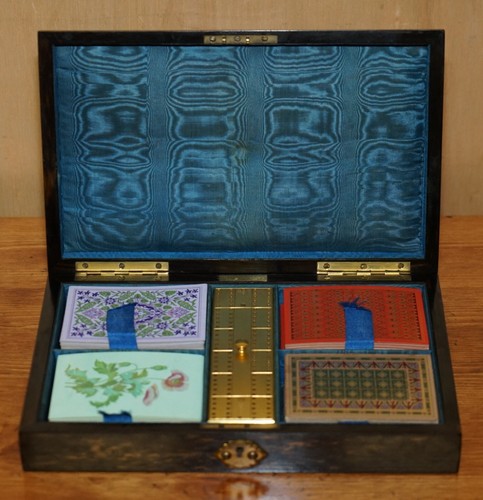 EXQUISITE EDWARD & JONES COROMANDEL WOOD CRIBBAGE SET DE LARUE & CO CARDS - Picture 12 of 24