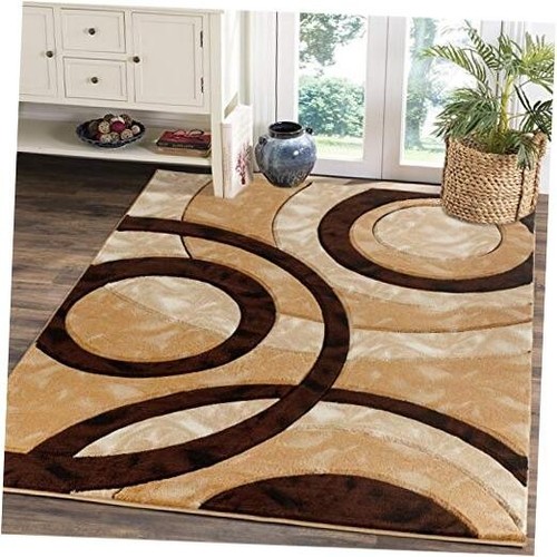 Area Rug Modern 5x7 Brown Circles Geometry Soft Hand Carved Contemporary