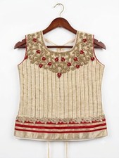 Indian Women's Size 30 Cream Gold Embroidered Choli Blouse Sleeveless Zari Work