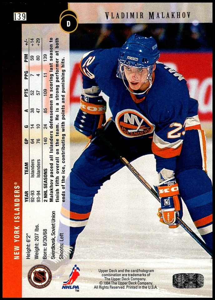 1994-95 UD Upper Deck #139 Vladimir Malakhov - Electric Ice FREE SHIPPING! - Image 2 of 2