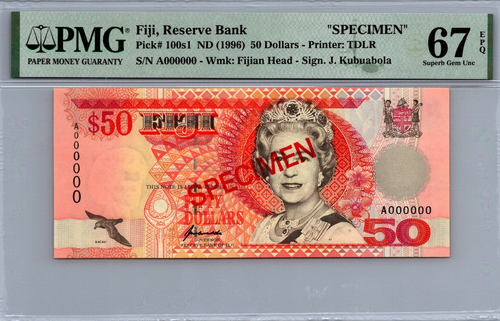 Fiji 50 Dollari 1996 " SPECIMEN TOP POP " PMG 67 EPQ SUPERBA GEMMA UNC Scegli # 100s1 - Foto 1 di 3