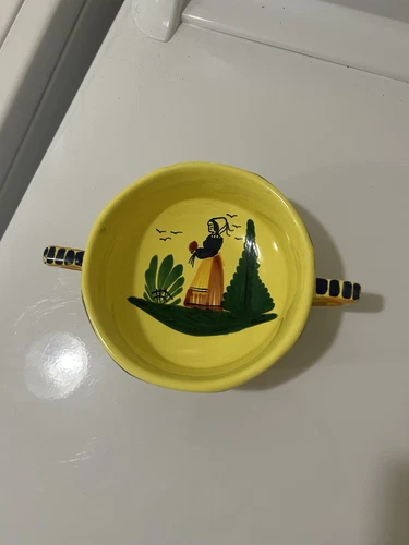 2 HB Henriot Quimper France SOLEIL YELLOW Cream Soup Bowls Breton Man Woman