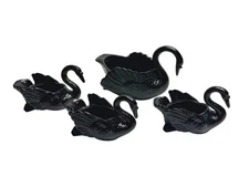 4 Vintage Black Cambridge Glass Swan Master Salt Dip, Open Salt Cellar Dishes