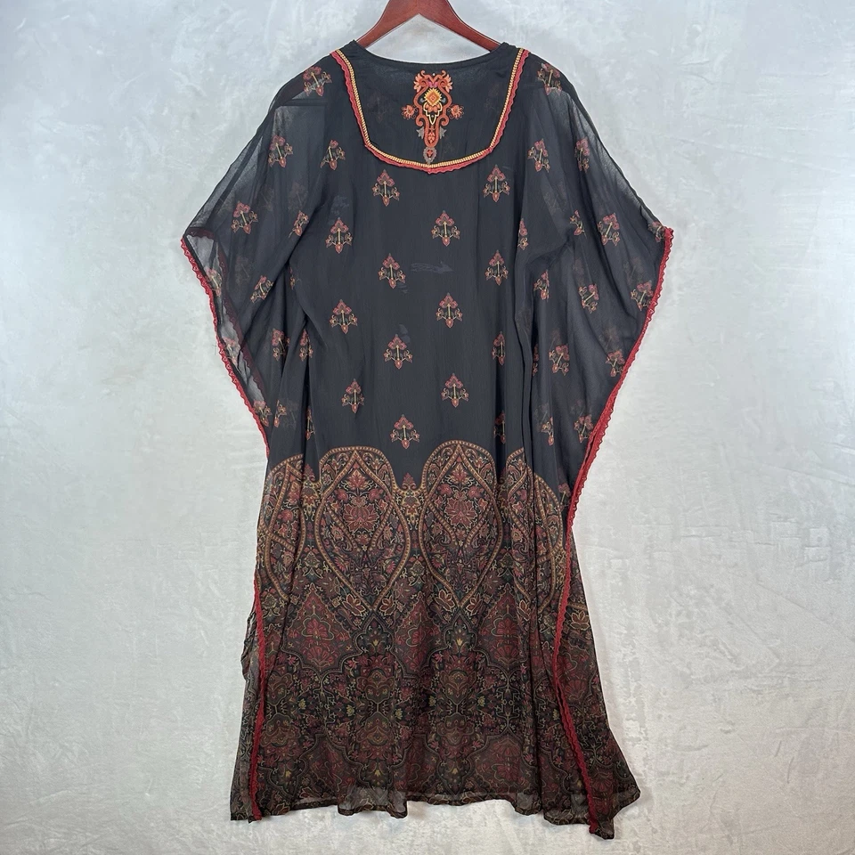 Lakshita 连衣裙女式 M 黑色红色刺绣长衫雪纺换档钩针编织 — 第 3/4 张图片