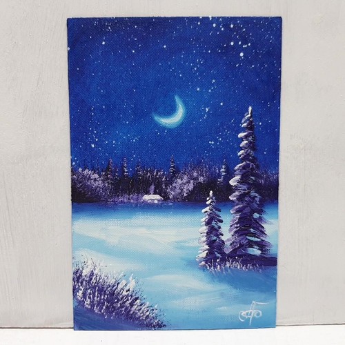 Mini Winter Night Painting Cabin Lights Moon Stars Fir Trees Snow Wall Art Gift - Picture 8 of 24