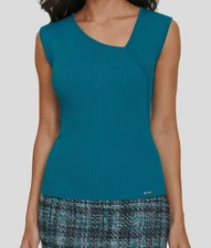 Donna Karan Women's Blue Sleeveless Asymmetric Tank Top L