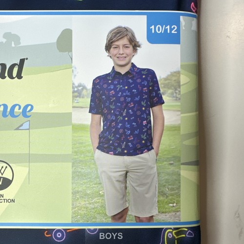 Birdie Bound Performance Boys Polo Shirt Navy Neon Tropical Golf Size 10/12 - Picture 3 of 14