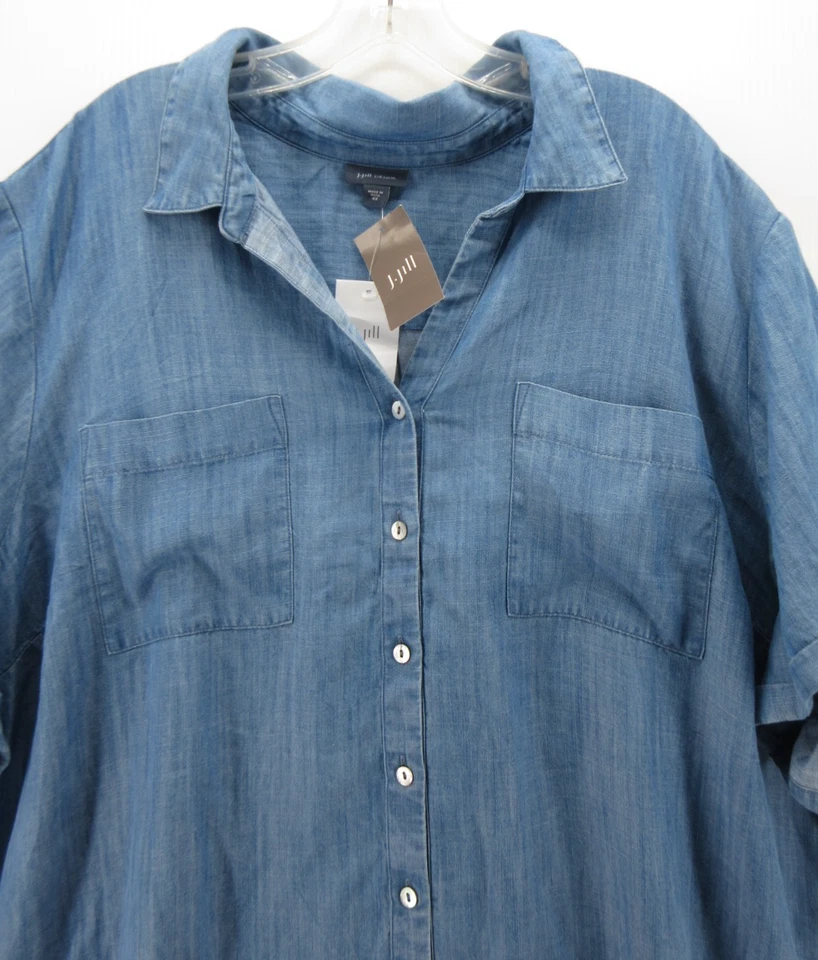 Blusa túnica Jill Top Mujer 4X Plus Azul Denim Bolsillos Lyocell Abotonados NUEVO Foto 2 de 4