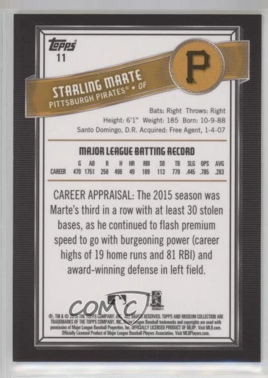 2016 Topps Museum Collection Blue /99 Starling Marte #11 - Image 2 of 2