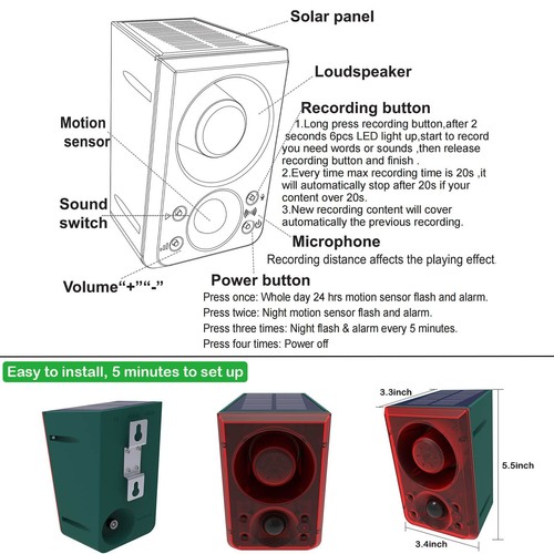 Outdoor Motion Sensor Alarm 130db - Remote Dog Barking & Gunshot Alert - Bild 8 von 9