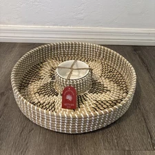 Woven Chip and Dip Serving Tray w Ceramic Bowl 15” Round Boho Seagrass Platter