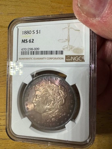 1880-S  $1  MORGAN SILVER DOLLAR NGC MS-62  (BEAUTIFUL RAINBOW AWSOME TONING)