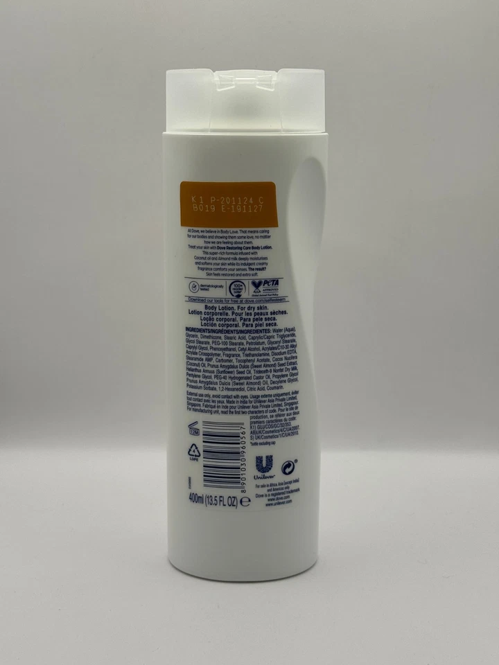 DOVE BODY LOTION RESTORING CARE, COCONUT WITH ALMOND MILK,  400 ML, PACK OF 3 - Image 4 of 4