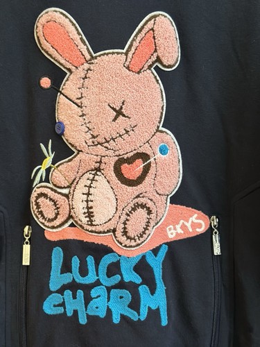 BKYS Sweatshirt With Embroidered Bunny Lucky Charm Size Small Navy Zipper Pocket - Picture 2 of 7