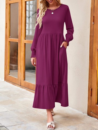 Women's Long Sleeve Midi Dress Crewneck A Line Tiered Flowy Loose with Pockets - Picture 19 of 22