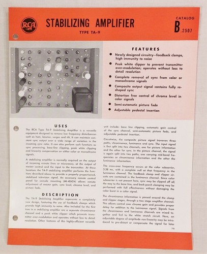 Amplificador estabilizador RCA tipo TA-9 1962 folleto 1 pp - Imagen 1 de 2