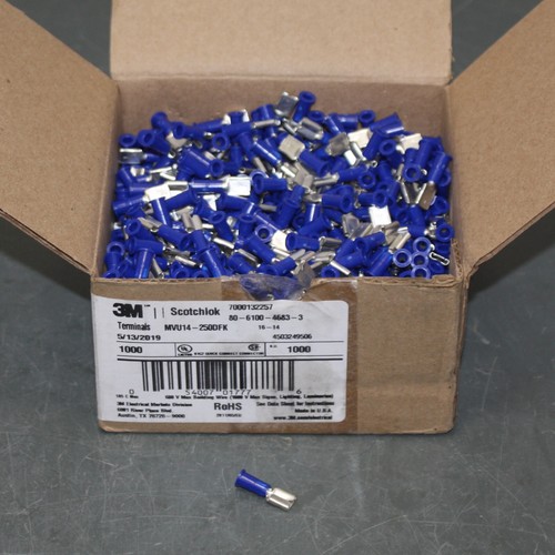 (1000) 3M Scotchlok Female Disconnects MVU14-250DFK, 16-14 AWG Wire, Blue, Crimp - Picture 2 of 6