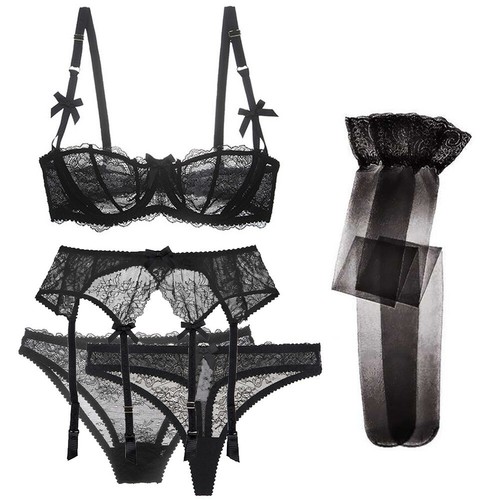 Unlined Half Cup See-through Bra Panty with Garter Belt Stockings 5PC - Picture 13 of 16