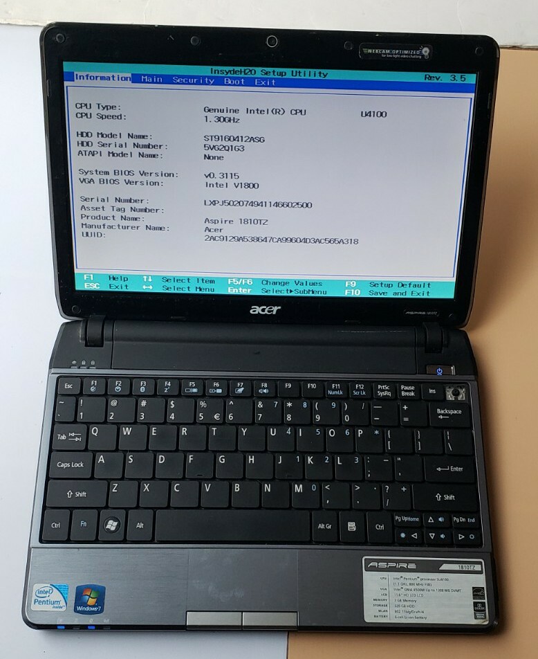 ACER Aspire 1820TZ Geniue Intel U4100 2GB RAM 160GB HDD wifi