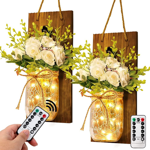 2Pcs Mason Jar Sconces Wall Decor, Handmade Rustic wall Sconces with LED Fairy L