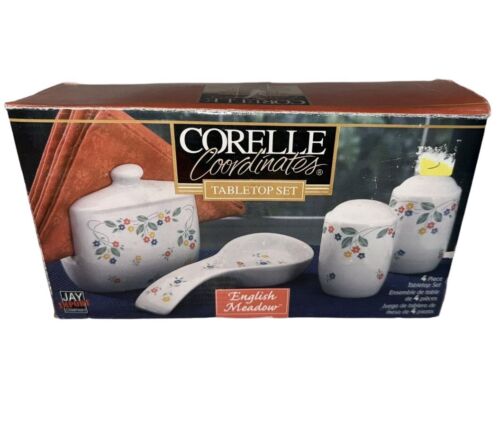 CORELLE COORDINATES English Meadow Salt Pepper Spoon Rest & Napkin Holder VTG