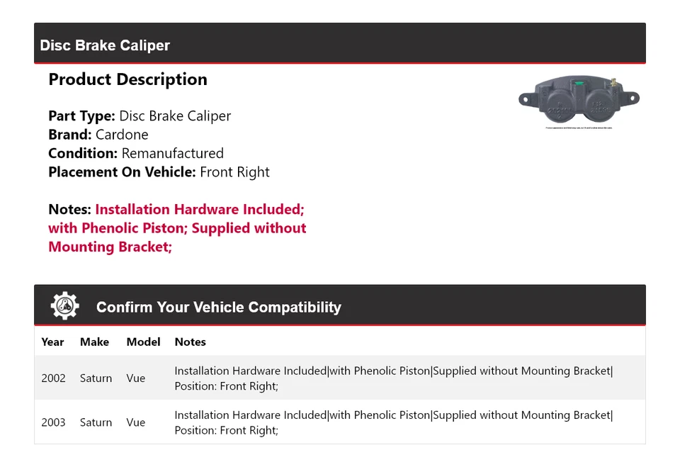 Pinza de freno de disco delantera derecha Cardone Saturn Vue 2002-2003 Foto 2 de 4