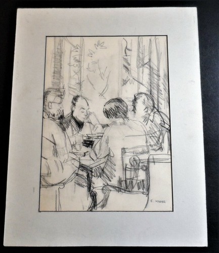 CROQUIS ORIGINAL DESSIN D'HOMMES AUTOUR DE TABLE ARTISTE SIGNÉ EDITH KRAMER