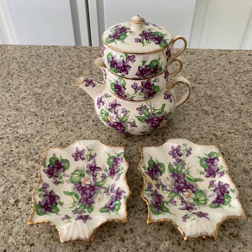 Vtg James Kent Violet Chintz Stacking Mini Tea Pot Set Sugar Creamer Mini PLATES - Picture 17 of 24