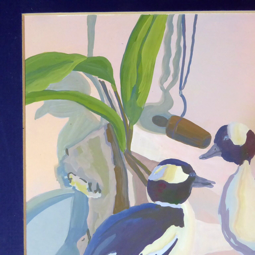 Original Gouache Painting Birds/Still Life 8" x 10" Dark Purple Mat, Beautiful - Picture 2 of 5